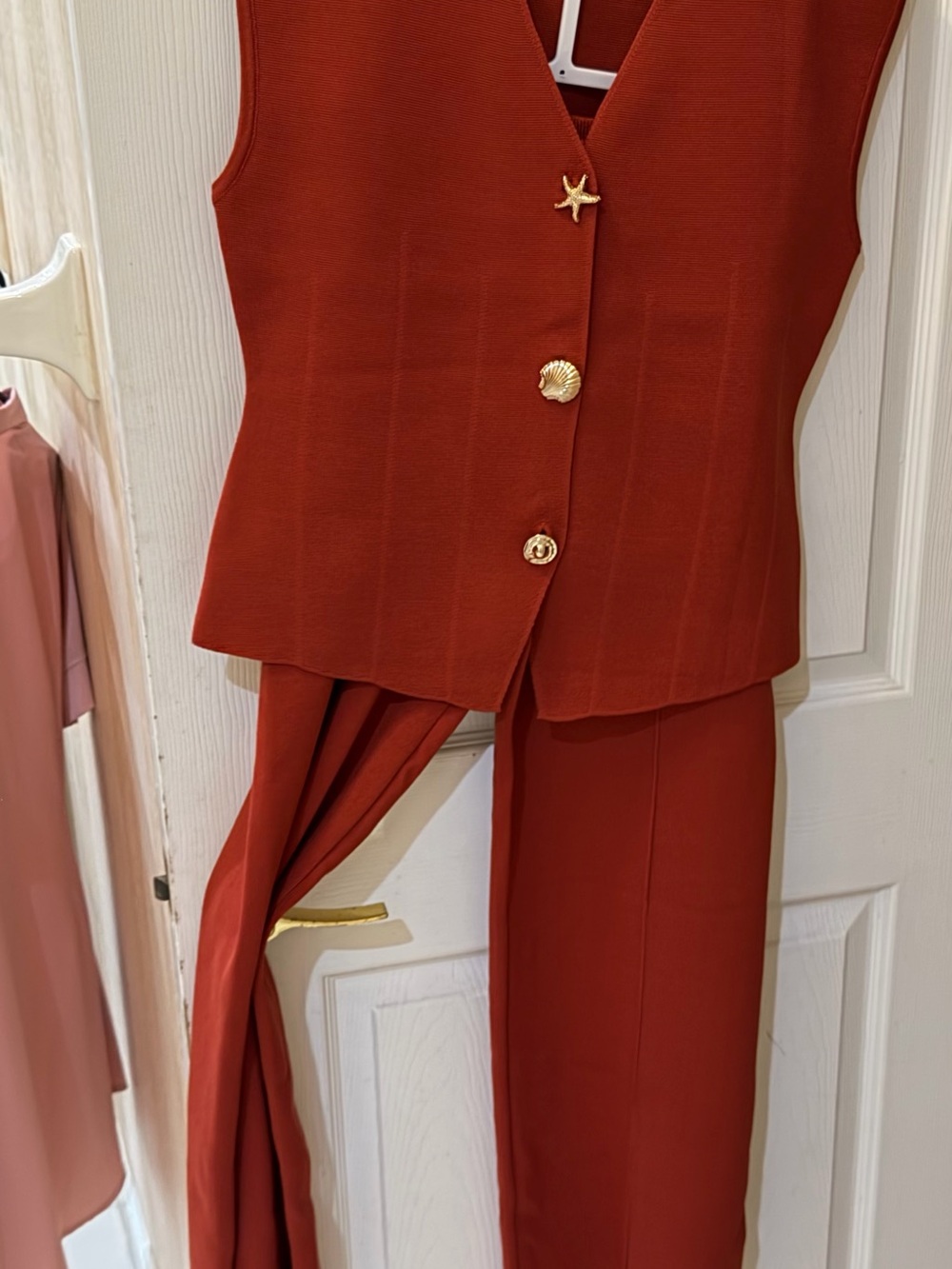 Women's Rust Red Sleeveless Jumpsuit with Gold Shell Buttons